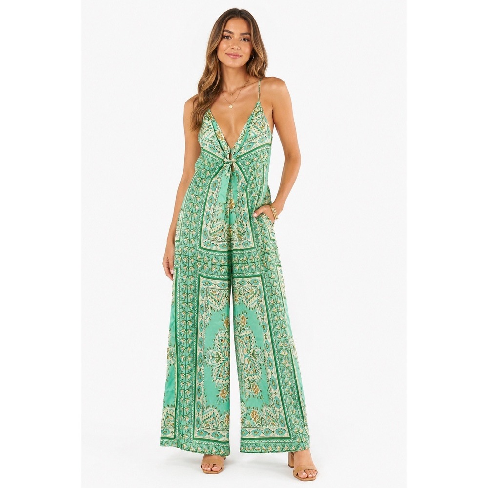 Fate Mint Green Boho Wide Leg Jumpsuit Size M Tie Front Resort Vacation EUC